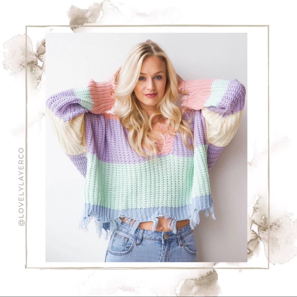 NWT Frayed Pastel Color Block VNeck Slouch Sweater